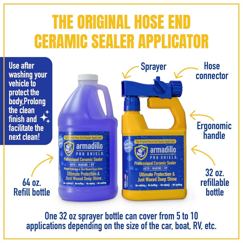 armadillo PRO SHIELD Professional Ceramic Sealer – Ultimate Protection & Just Waxed Deep Shine – Spray-On Hydrophobic Ceramic Coating for Cars, Boats & RVs – 32 oz Hose-End Sprayer - Image 2
